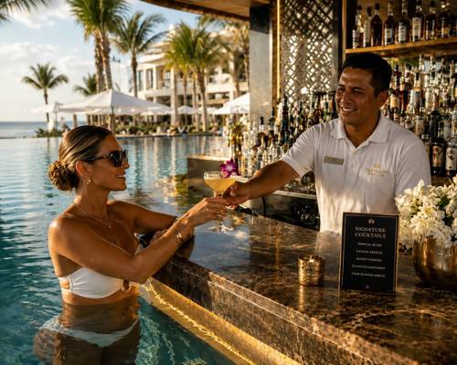 Επισκέπτης ξενοδοχείου απολαμβάνει cocktail στο pool bar — upselling και ancillary revenue